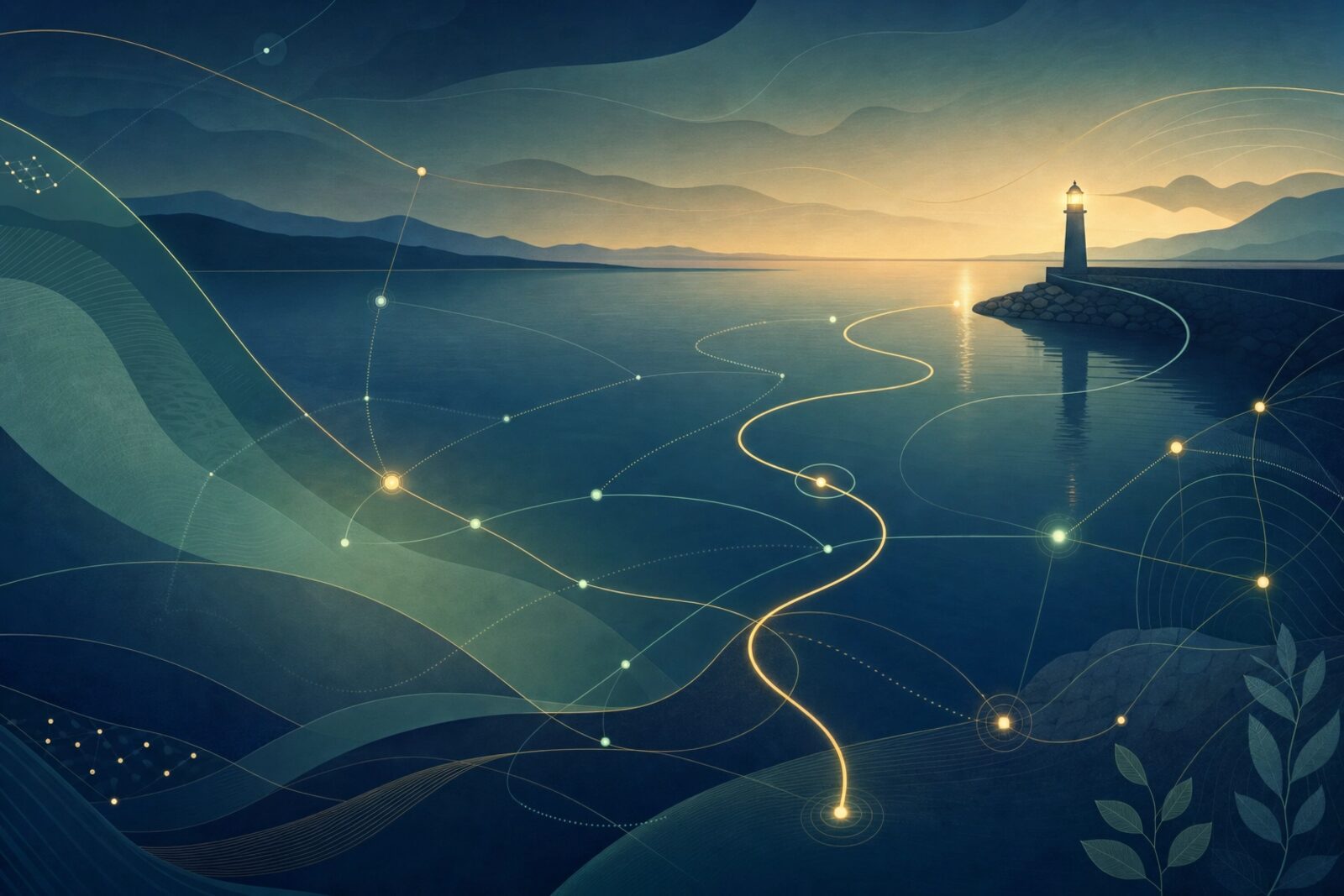 A soft watercolor lighthouse at dusk with gentle glowing pathways leading toward a calm harbor \u2014 a quiet place to slow down and think.