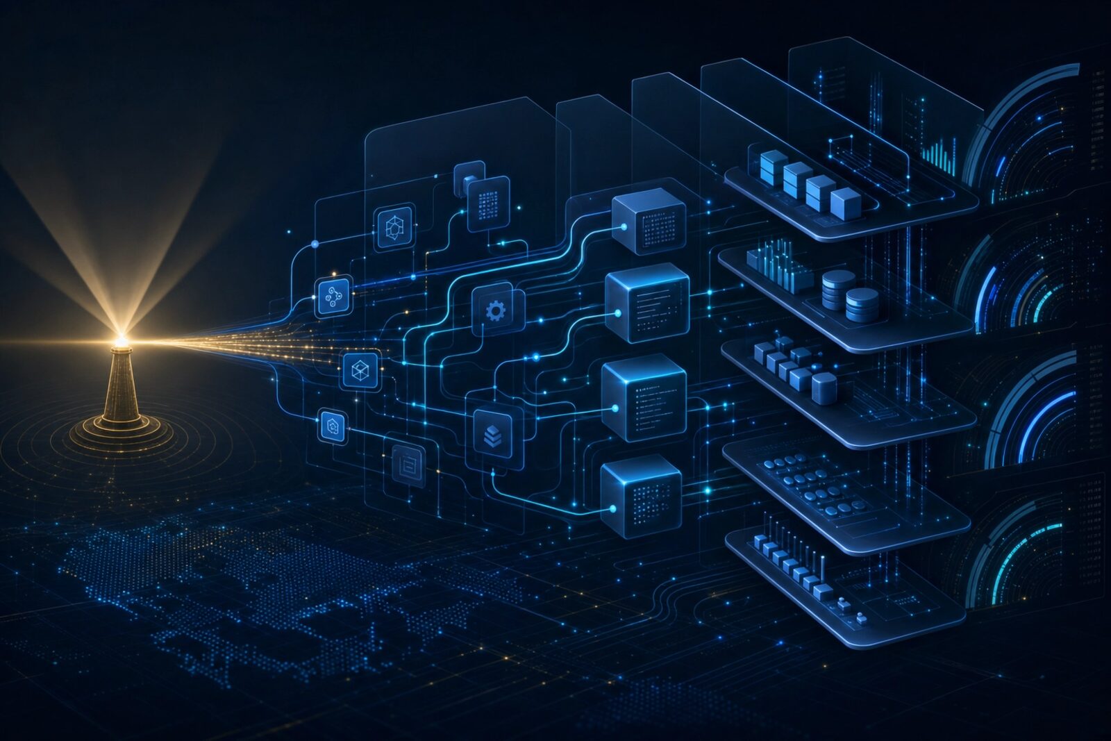 An illustrated lighthouse built from interconnected systems and shelves of organized data, evoking the calm structure of well-built routines.